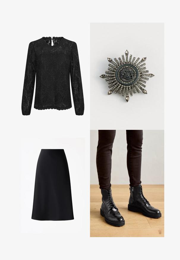 Blouse en dentelle noire à manches longues avec un col rond, un ourlet festonné et un dos avec un détail en clé. Motif floral délicat sur l'ensemble.; Jupe noire trapèze en tissu lisse et doux. Caractérisée par une taille haute et un ourlet arrivant au genou. Design simple sans motifs ni accents visibles.; Bottines en cuir noir avec des détails de brogue, un laçage à l'avant, des fermetures éclair sur les côtés et des semelles en caoutchouc texturé. Associées à un pantalon slim noir.; Broche en forme d'étoile en métal argenté avec des strass clairs. Le design central présente un emblème circulaire avec des détails délicats.