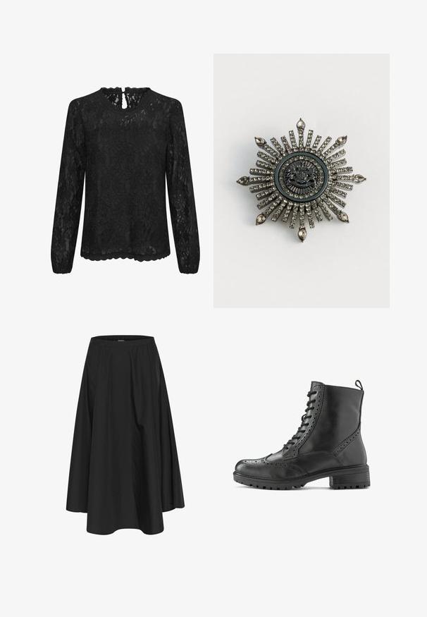 Blusa de encaje negro de manga larga con escote redondo, dobladillo festoneado y detalle de ojal en la parte trasera. Patrón floral delicado en toda la prenda.; Falda negra hasta la rodilla con cintura elástica, con pliegues para dar volumen y una textura suave. Diseño simple y clásico sin adornos.; Bota de cuero negro para tobillo con detalles brogue, diseño con cordones, suela resistente y una lengüeta en el talón para facilitar su uso.; Broche en forma de estrella en metal de tono plateado con rhinestones transparentes. El diseño central presenta un emblema circular con un detallado intrincado.