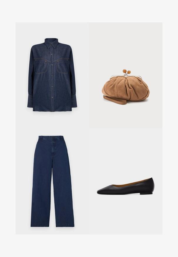 Mørkeblå denimskjorte med lange ærmer, knappelukning foran, to brystlommer og kontrasterende orange syninger. Klassisk krave og afslappet pasform.; Bredde ben, mørkeblå denimbukser med høj talje, der har en frontlukning med knap og sidelommer. Blød tekstur med minimal detaljering.; Sort læder flad sko med spids tå, lav hæl og glat finish, vist fra siden på en lysegrå baggrund.; Lille blød brun ruskind clutch taske med rynket stof, metal-lukning, træperledekorationer og håndledsrem på hvid baggrund.
