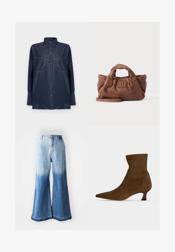 Donkerblauw denim overhemd met lange mouwen, knoopsluiting aan de voorkant, twee borstzakken en contrasterende oranje stiksels. Klassieke kraag en een losse pasvorm.; Lichtblauwe denim broek met wijde pijpen, kenmerkend door een vervaagde gradient van licht naar donker, gestikte zoom en vijf zakken.; Bruine enkellaars met spits toelopende neus en lage kittenhak, gemaakt van glad materiaal, getoond tegen een effen achtergrond.; Zachte bruine leren handtas met korte handgrepen, een vooraan gestikt logo en een afneembare lange band op een effen lichte achtergrond.