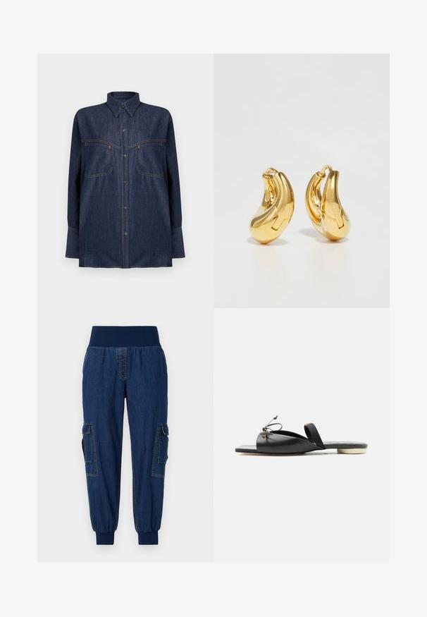 Dunkelblaues Jeanshemd mit langen Ärmeln, durchgehendem Knopfleisten, zwei Brusttaschen und kontrastierender oranger Naht. Klassischer Kragen und lockere Passform.; Denim-Jogginghosen mit einem breiten elastischen Bund, zwei seitlichen Cargo-Taschen und gerippten Bündchen; dunkelblaue Farbe mit kontrastierenden Nähten.; Schwarze flache Sandale aus Leder mit quadratischer Spitze, vorderer Kordelzug-Detail und dünnem Knöchelriemen vor weißem Hintergrund.; Goldene Creolen mit einer glatten, geschwungenen Form und polierter Oberfläche. Mit einem Verschlussmechanismus und leichten Einkerbungen für Details.
