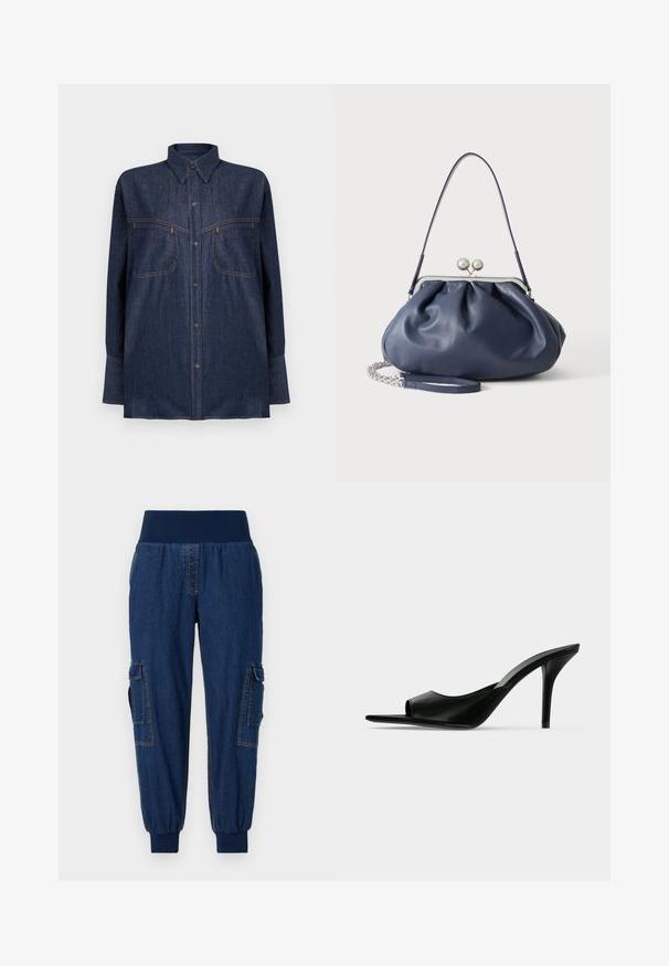 Mørkeblå denimskjorte med lange ærmer, knappelukning foran, to brystlommer og kontrasterende orange syninger. Klassisk krave og afslappet pasform.; Denim joggerbukser med en bred elastisk talje, to sidelommer og ribbede ankler; mørkeblå farve med kontraststing.; Sort læder åben tå højhælet mule med en slank stilet hæl, vist i sideprofil på en ensfarvet baggrund.; Blød navyblå læderhåndtaske med sølv lukning, enkelt skulderrem og aftagelig kæde til håndleddet på hvid baggrund.