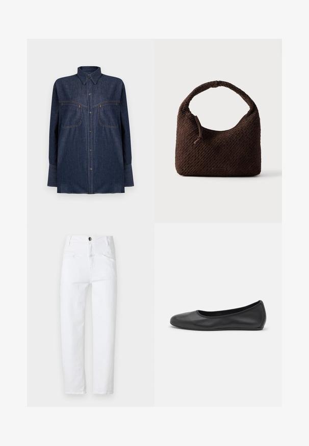 Chemise en denim bleu foncé à manches longues, fermeture à boutons, deux poches poitrine et surpiqûres contrastantes orange. Col classique et coupe décontractée.; Jean en denim blanc avec taille haute, coupe droite, deux poches avant et une seule poche arrière. Comprend un bouton en métal et une fermeture éclair.; Ballerines en cuir noir avec un bout rond, texture lisse, détails de couture minimalistes et design de semelle flexible.; Sac à main tressé marron avec une poignée arrondie, fabriqué en matériau texturé. Dispose d'une fermeture éclair et d'un petit logo en accent.