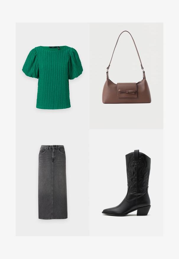 Roheline tekstuuriga lühikeste varrukatega top, millel on ruudukujuline kaelus ja puhvvarrukad. Koostises on vertikaalsed soonilised detailid.; Hallhalli denim midi seelik, sirge lõikega, viie taskuga ja vöökandidega. Esipool on nööbiga kinni ja sellel on minimaalne õmblusdisain.; Must have mustakotkad nahast saapad terava ninaga, ehted keerlevate mustritega ja keskmise kõrgusega kontsaga. Omab tõmberiba lihtsaks selga panemiseks.; Pruun nahast õlakott ees taskuga, millel on õmmeldud lipsu detail ja reguleeritav rihm.