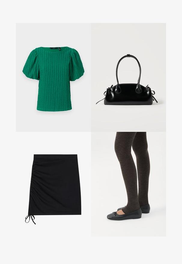 Haut vert texturé à manches courtes avec un décolleté carré et des manches bouffantes. Présente des détails à côtes verticales sur tout le tissu.; Mini-jupe noire en tissu doux, dotée de fronces sur les côtés et de liens à l'ourlet. Texture lisse avec une silhouette ajustée.; Jambes portant des leggings côtelés foncés associés à des ballerines noires avec de petits détails en nœud sur fond blanc.; Petit sac à main noir brillant avec deux longues anses et des détails à cordon sur les côtés sur un fond clair uni.