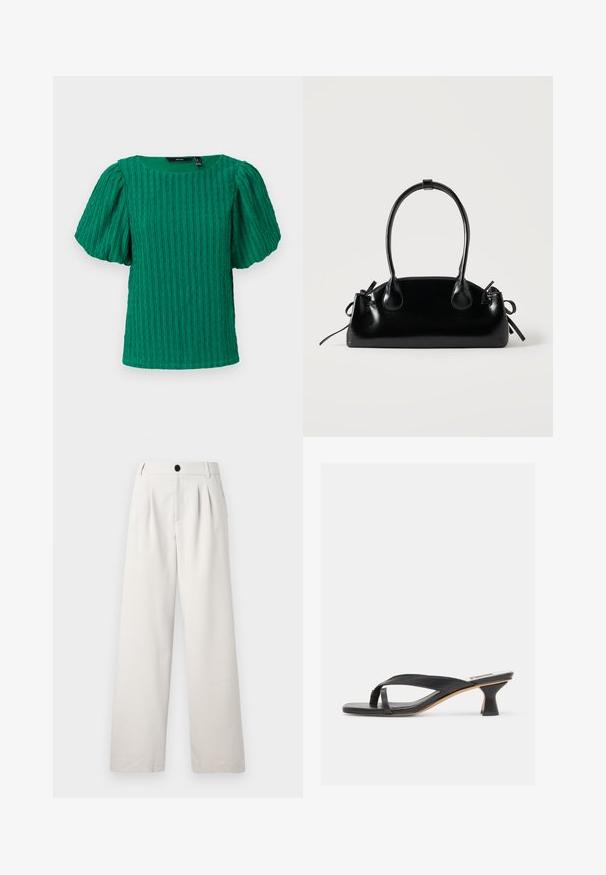 Haut vert texturé à manches courtes avec un décolleté carré et des manches bouffantes. Présente des détails à côtes verticales sur tout le tissu.; Pantalons beige à jambes larges en tissu lisse, avec des plis avant, une fermeture à bouton unique et des poches latérales pour plus de praticité.; Sandale à talon en cuir noir avec lanière en forme de tongs et talon kitten incurvé unique sur fond neutre.; Petit sac à main noir brillant avec deux longues anses et des détails à cordon sur les côtés sur un fond clair uni.