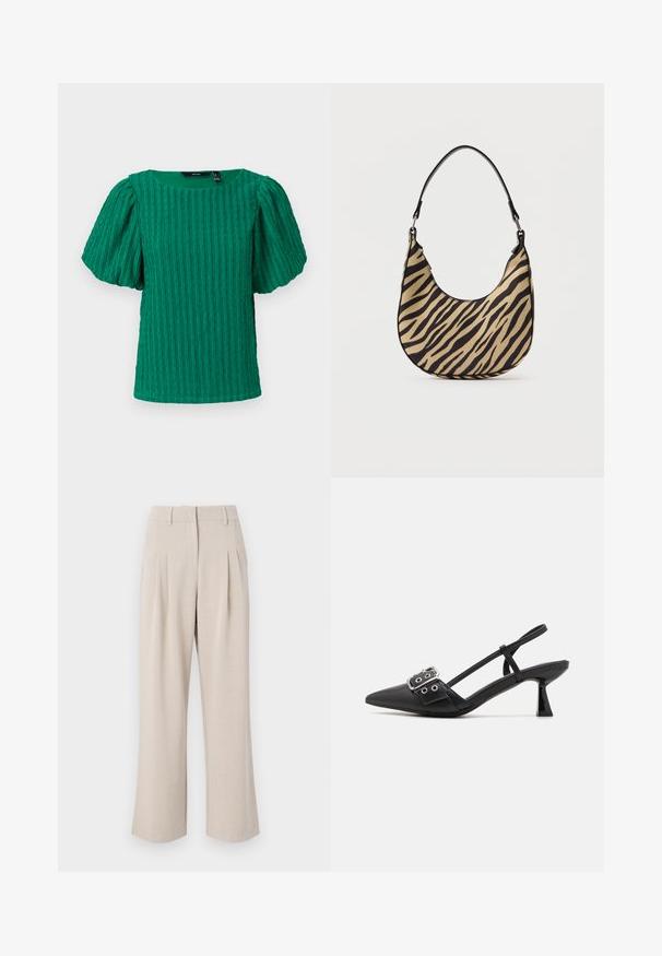 Haut vert texturé à manches courtes avec un décolleté carré et des manches bouffantes. Présente des détails à côtes verticales sur tout le tissu.; Pantalons larges beige à taille haute, dotés de plis à l'avant, d'une texture lisse et d'un design ajusté. Pas de poches visibles ni de décorations.; Simmi London DALA - Escarpins - black; Sac à épaule en imprimé zèbre beige et noir avec un fond en courbe et une seule poignée noire, photographié sur un fond blanc uni.