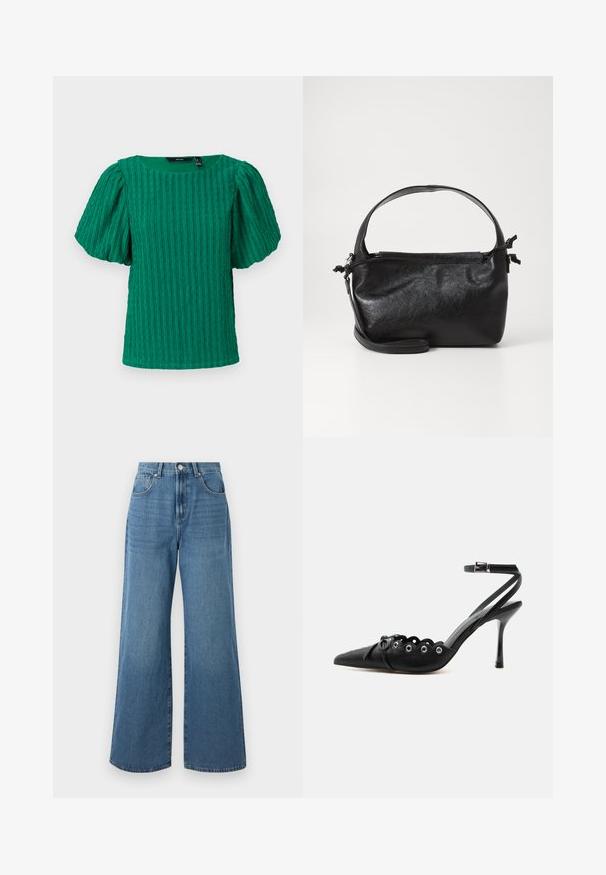 Haut vert texturé à manches courtes avec un décolleté carré et des manches bouffantes. Présente des détails à côtes verticales sur tout le tissu.; Jeans en denim bleu à jambes larges avec une taille haute, comprenant des poches avant et arrière, et une fermeture à bouton à la taille. Texture lisse.; Chaussure à talon haut noire à bout pointu, bords festonnés, œillets métalliques, lacets à l'avant et bride de cheville avec fermeture à boucle.; Sac à main en cuir noir au design structuré, avec une poignée arrondie et une bandoulière amovible. Présente une texture lisse et un éclat subtil.