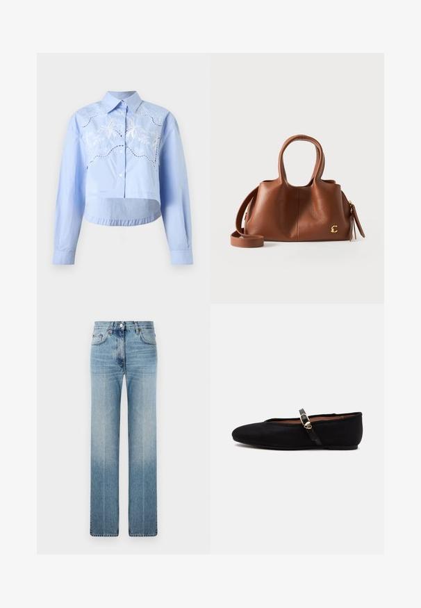 Lyseblå kort croppet skjorte med knapper, lange ærmer, krave og hvide broderede palmetræer og bølgemønstre hen over brystet.; Lysblå lige ben jeans lavet af denim, med subtil falmning, klassisk fem-lomme design og en metalknaplukning i taljen.; Sort tekstureret flad sko med en tynd rem og lille gylden hjerteformet spænde på siden.; Brun læderhåndtaske med to øverste håndtag, en aftagelig skulderrem og et lille gyldent "C"-logo på en lys baggrund.