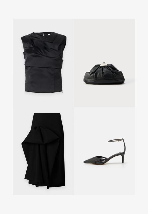 Sort satin top med en struktureret design, brede skuldre og en asymmetrisk frontpanel, lukket med en lynlås i ryggen.; Sort nederdel lavet af glat stof, med et oversized draperet design på den ene side, der danner en høj-lav kant.; Sort læder højhælet sko med spids tå, åbne sider og en tynd ankelrem med en lille guld detalje.; Sort læderclutch med en samlet tekstur, metal lukning og diskret præget logo på forsiden. Rundet form.