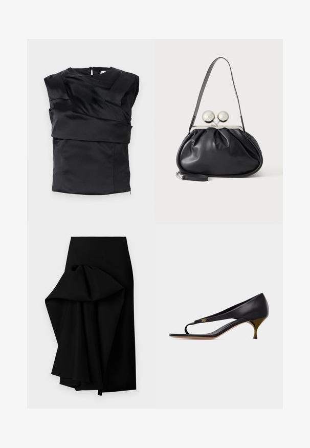 Top en satin noir avec un design structuré, des épaules larges et un panneau avant asymétrique, fermé par une fermeture éclair au dos.; Jupe noire en tissu lisse, présentant un design drapé surdimensionné d'un côté, formant un ourlet asymétrique.; Sandale à talon kitten en cuir noir avec fine bride sur les orteils et détail d'emblème doré sur le côté.; Sac à main en cuir noir avec un design plissé, une sangle unique, un cadre métallique argenté et deux grandes fermoirs ronds en argent.