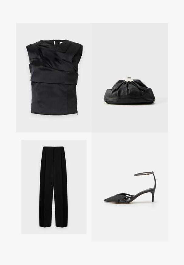 Sort satin top med en struktureret design, brede skuldre og en asymmetrisk frontpanel, lukket med en lynlås i ryggen.; Sorte vide benbukser med høj talje, der har læg og en glat tekstur. Stoffet virker let og falder elegant.; Sort læder højhælet sko med spids tå, åbne sider og en tynd ankelrem med en lille guld detalje.; Sort læderclutch med en samlet tekstur, metal lukning og diskret præget logo på forsiden. Rundet form.