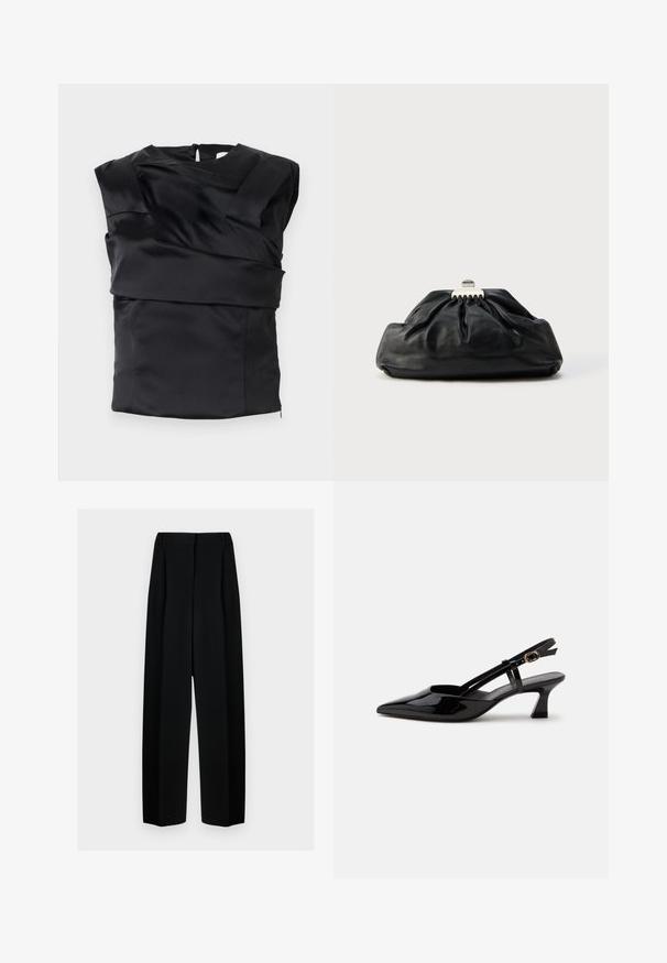Top de satén negro con un diseño estructurado, hombros anchos y un panel frontal asimétrico, cerrado con una cremallera en la parte posterior.; Pantalones de pierna ancha negros con cintura alta, que presentan pliegues y una textura suave. El tejido parece ligero y se drapea de forma elegante.; Zapato slingback de charol negro con tacón bajo, punta puntiaguda y correa ajustable con hebilla dorada sobre fondo blanco.; Bolso de mano de cuero negro con textura recogida, cierre de broche metálico y logo en relieve sutil en el frente. Forma redondeada.