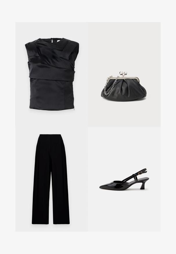 Top en satin noir avec un design structuré, des épaules larges et un panneau avant asymétrique, fermé par une fermeture éclair au dos.; Pantalons noirs à jambes larges avec une taille haute, présentant une texture lisse et des lignes épurées. Aucun fermoir ou motif visible.; Chaussure slingback en cuir verni noir à petit talon, bout pointu et bride réglable avec boucle dorée sur fond blanc.; Porte-monnaie en cuir noir avec texture froncée, cadre en métal argenté, fermeture à verrouillage kiss-lock et bandoulière en chaîne. Surface lisse et douce.