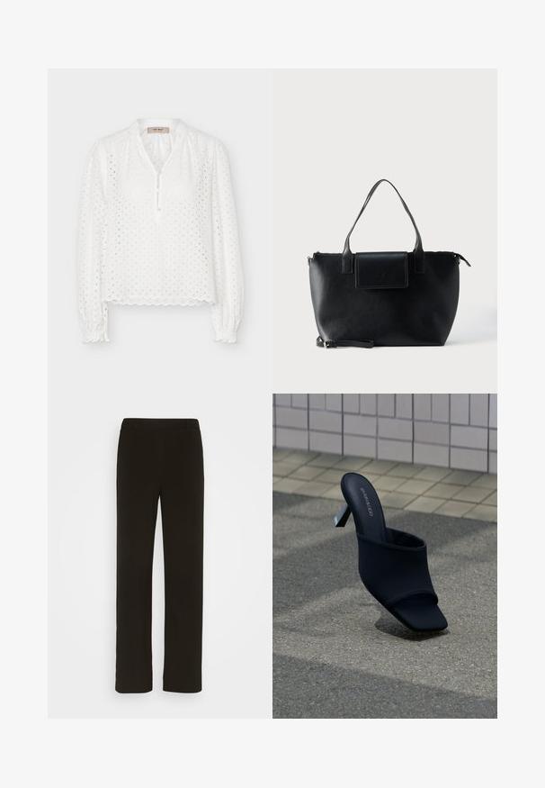 Weiße Bluse mit langen Ärmeln und Lochmuster, gewelltem Saum und Manschetten, Drei-Knopf-Leiste und leicht aufgepolsterten Schultern.; Schwarze, gerade geschnittene Hose aus gewebtem Stoff mit flachem Bund, zwei seitlichen Taschen und einer glatten Textur. Keine sichtbaren Muster oder Akzente.; Schwarzer Mule mit offenem Zehenbereich, Blockabsatz und quadratischer Spitze, mit der Marke "EVEN&ODD", auf grauem Pflaster neben einer gefliesten Wand platziert.; Schwarze Ledertasche mit zwei Griffen, abnehmbarem Riemen, magnetischer Klappe und glatter Textur. Reißverschluss oben und dekorative Naht.