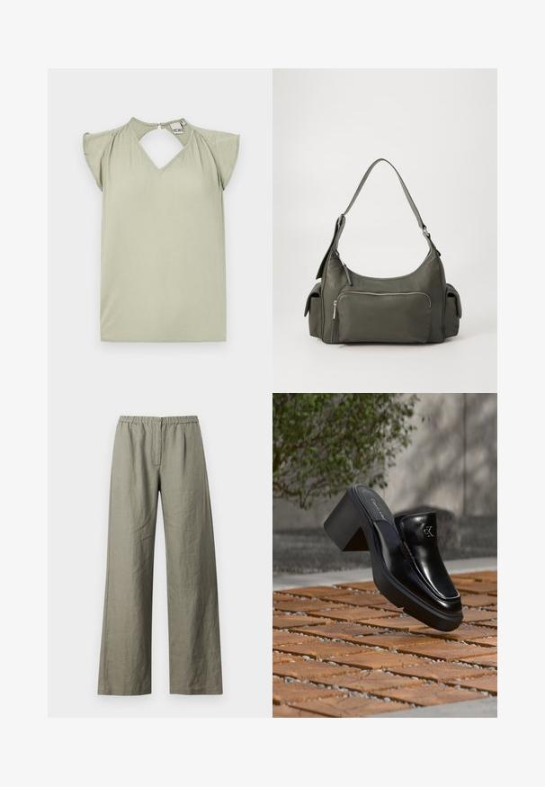 Top de manga corta, de color verde claro, con escote en V y detalle de abertura en la parte posterior. Hecho de una tela suave; presenta suaves volantes en los hombros.; Samsøe Samsøe SATOVE TROUSERS - Pantalones - vetiver; Mule tipo slip-on de cuero negro de Calvin Klein con tacón de bloque descansando sobre baldosas de madera al aire libre cerca de una planta verde y una pared gris.; Bolso de hombro de cuero verde con un diseño curvado, bolsillo con cremallera en la parte frontal y bolsillos adicionales en los laterales. Textura suave y hardware minimalista.