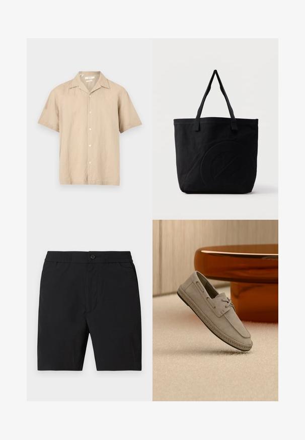 Chemise beige pour homme à manches courtes avec col à revers, boutonnée sur le devant, présentée à plat sur un fond blanc.; Shorts mi-longs pour hommes noirs avec taille élastique, fermeture par bouton et poches latérales, présentés sur un fond uni.; Chaussure bateau en daim marron clair avec détails en lacets et semelle style espadrille, positionnée à la verticale sur un tapis beige près d'un meuble circulaire marron.; Sac fourre-tout en toile noire avec deux bandoulières et un motif circulaire discret en relief sur le devant.