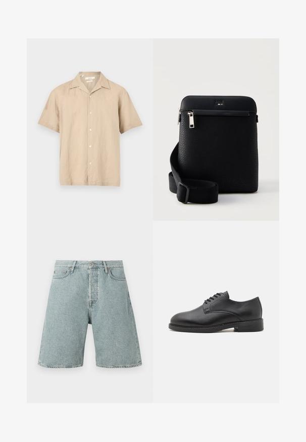 Chemise beige pour homme à manches courtes avec col à revers, boutonnée sur le devant, présentée à plat sur un fond blanc.; Shorts en denim bleu clair avec une coupe décontractée, cinq poches et une fermeture à bouton. Texture déchirée avec des détails de couture visibles.; Chaussure oxford en cuir noir avec un bout rond, présentant une finition lisse, un laçage à cinq œillets et un petit talon empilé.; Sac bandoulière noir texturé avec bandoulière réglable, poche avant zippée et logo embossé près de la fermeture éclair supérieure.