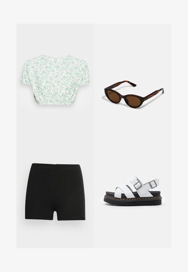 Blomstrede crop top med korte ærmer, lavet af letvægtsstof. Hvid bund med små grønne blomster mønster og rynket talje detaljer.; Sorte bomulds shorts med et tætsiddende design og elastisk talje. Glat tekstur, længde til midt på låret, og uden synlige mønstre eller accenter.; Hvide lædersandaler med justerbare spænder, lagdelt sort platformssål og orange syning langs kanten.; Brune skildpadde solbriller med en vintage katteøje-form og brune linser. Har buede arme med røde detaljer.