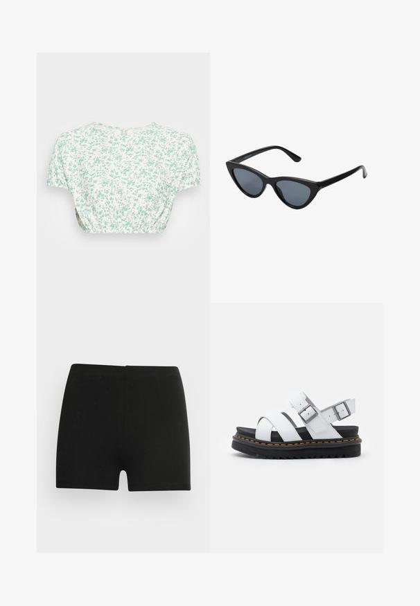 Top court floral à manches courtes, en tissu léger. Base blanche avec un petit motif floral vert et des détails à la taille froncés.; Shorts en coton noir au design ajusté et à taille élastique. Texture lisse, longueur mi-cuisse, sans motifs ni accents visibles.; Sandales en cuir blanc avec des sangles réglables à boucle, semelle en noir superposée et détail de couture orange le long du bord.; Lunettes de soleil noires en forme d'œil de chat avec des verres gris foncé, monture en plastique élégante, coins pointus et branches droites. Pas de métal visible ni d'accents.