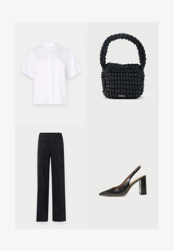 Chemise blanche à manches courtes en tissu lisse, dotée d'un col pointu et d'une patte de boutonnage avec un bouton d'accent vert.; Pantalon en velours côtelé gris foncé avec une coupe droite, présentant une surface texturée en côtes et une taille élastique pour plus de confort.; Chaussure slingback en cuir noir à bout pointu avec un talon bloc haut et une doublure intérieure beige sur un fond clair uni.; Petit sac à main noir matelassé avec une poignée courte rembourrée et une étiquette "HUGO" à l'avant, présenté sur un fond clair uni.