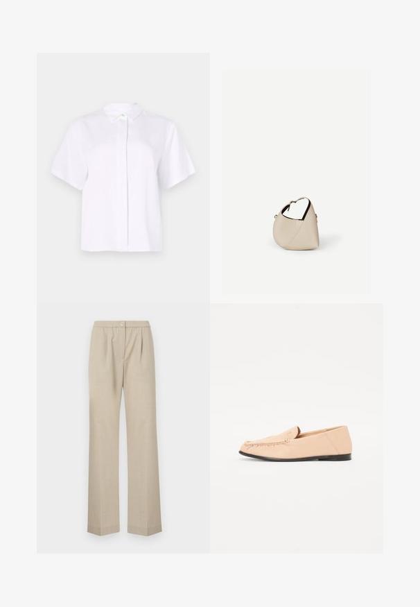 Chemise blanche à manches courtes en tissu lisse, dotée d'un col pointu et d'une patte de boutonnage avec un bouton d'accent vert.; Pantalons beige clair avec une jambe droite, taille élastique et un bouton à l'avant. Fabriqués à partir d'un tissu texturé.; Mocassins en cuir beige avec des détails brodés, une semelle noire plate et un bout arrondi. Design minimaliste sans quincaillerie ou accents visibles.; Sac à main en cuir beige en forme de croissant avec une seule bandoulière et des coutures minimalistes, posé sur un fond blanc uni.