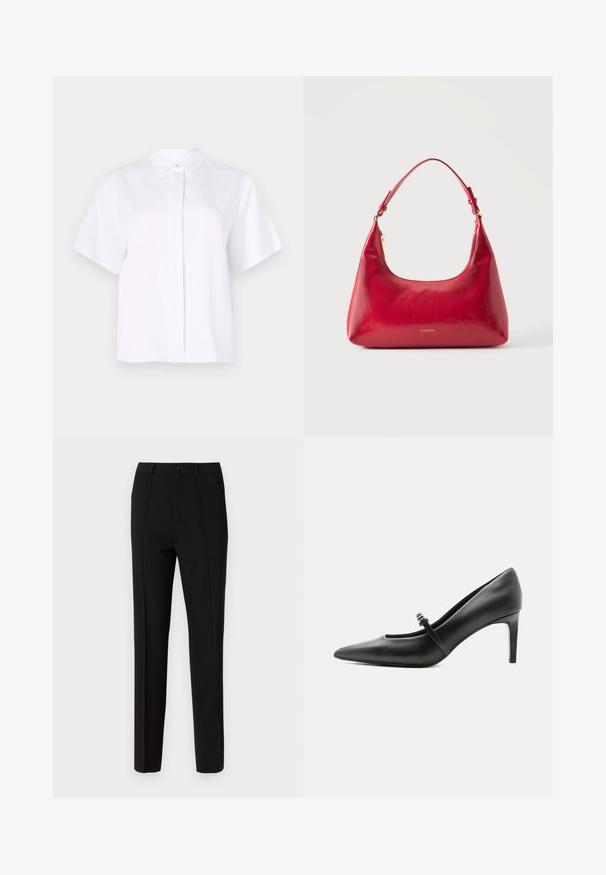 Chemise blanche à manches courtes en tissu lisse, dotée d'un col pointu et d'une patte de boutonnage avec un bouton d'accent vert.; Pantalon noir à coupe slim, doté d'une fermeture à bouton, de deux poches latérales et d'une texture de tissu lisse. Des rayures verticales sont visibles.; Escarpin noir en cuir à bout pointu avec une fine bride et une boucle sur le cou-de-pied, posé sur un fond clair neutre.; Sac à épaule en cuir rouge avec fermeture éclair dorée et sangle réglable, logo Calvin Klein centré à l'avant.