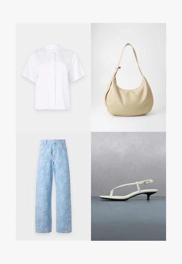 Camisa blanca de manga corta confeccionada en tela suave, con cuello puntiagudo y una botonera con un botón de acento verde.; Mads Nørgaard ART CHRISTEL - Vaqueros boyfriend - light denim; Sandalia blanca de tacón kitten con tiras y punta afilada, flotando sobre un suelo de baldosas de madera al aire libre, con un fondo desenfocado de plantas y pared.; Bolso de hombro de cuero beige con forma curva, correa ajustable y detalle de logo en relieve, que presenta una textura suave y un diseño minimalista.