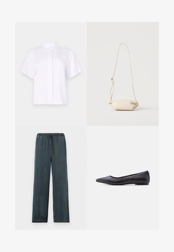 Chemise blanche à manches courtes en tissu lisse, dotée d'un col pointu et d'une patte de boutonnage avec un bouton d'accent vert.; Pantalons en denim bleu marine avec une taille élastique et un cordon de serrage. Design à jambe large avec des ourlets finis et une surface lisse et texturée.; Chaussure plate en cuir noire à bout pointu avec petit talon, vue de profil sur fond blanc.; Petit sac bandoulière en cuir beige avec sangle ajustable, présenté sur un fond clair uni.