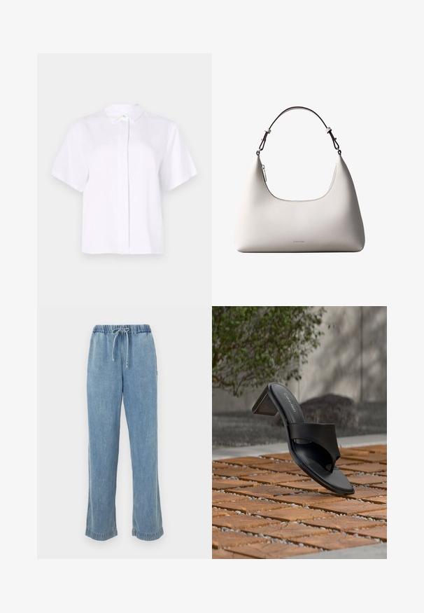 Chemise blanche à manches courtes en tissu lisse, dotée d'un col pointu et d'une patte de boutonnage avec un bouton d'accent vert.; Pantalon en denim bleu clair avec une taille élastique, un cordon de serrage et des ourlets retroussés. Design à jambes droites avec une coupe décontractée.; Sandale à talon noire Calvin Klein avec boucle pour l’orteil, posée sur un sol en carreaux de bois en extérieur, près d’un arbre et d’un mur en pierre.; Sac à bandoulière en cuir couleur crème de Calvin Klein avec bord supérieur incurvé, fermeture éclair argentée et sangle ajustable brun foncé.