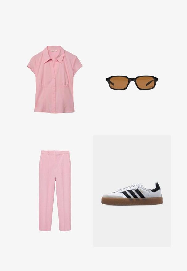 Blouse rose à manches courtes avec col et boutons à l'avant, légèrement froncée à la taille, présentée sur un fond blanc.; Pantalons rose clair en tissu texturé, avec une coupe droite, des passants de ceinture et des poches latérales avant. Aucune motif visible.; Baskets en cuir blanc avec des rayures noires, semelle extérieure en caoutchouc beige, bout rond, fermeture lacée et embout en suède gris doux.; Lunettes de soleil rectangulaires noires avec des montures épaisses et des verres teintés marron, vues de face sur un fond blanc.