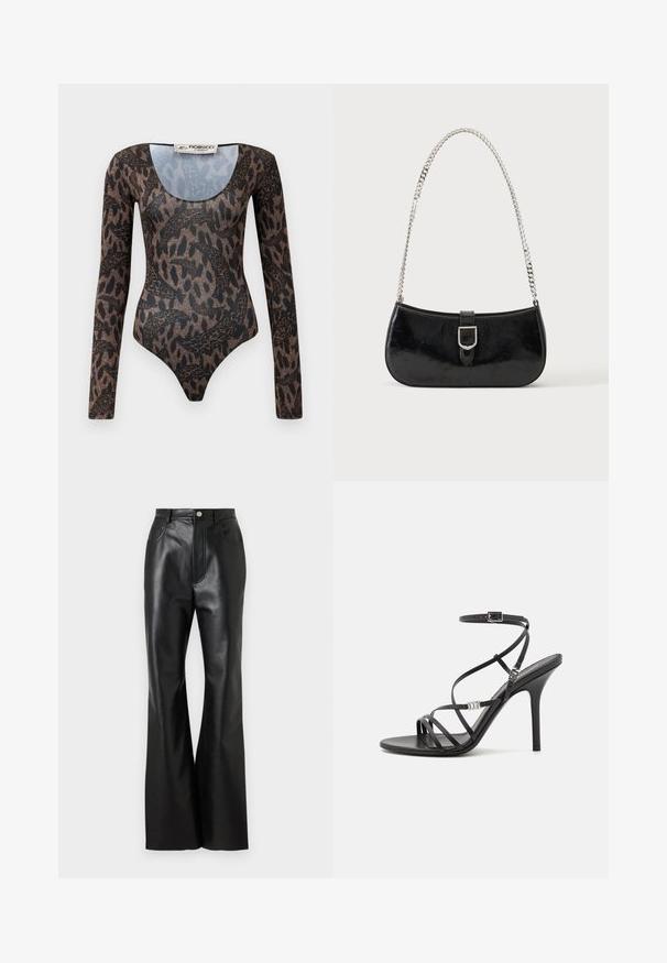 Bodysuit de manga larga con estampado abstracto de serpiente y animales en tonos marrón y negro, escote redondo y etiqueta de Fiorucci Milano en el interior del cuello.; Pantalones de cuero negro acampanados con un acabado elegante, bolsillos frontales y costuras en contraste. Presenta un cierre de botón y una cinturilla estructurada.; Sándalo negro de tacón alto con tiras finas, hebilla en el tobillo, superficie de cuero suave y tacón de aguja esbelto.; Bolso de hombro de charol negro con detalle de hebilla plateada y correa de cadena plateada, presentado sobre un fondo liso y claro.