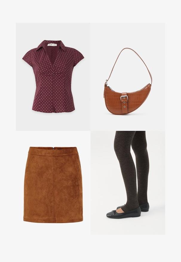 Blusa de color granate con mangas cortas, lunares rosas, cuello con solapa en forma de V y detalle fruncido en el centro delantero.; Minifalda de ante marrón con una textura suave, corte recto y un discreto cierre de cremallera en la parte trasera. Presenta detalles de costura para darle estructura.; Piernas con leggings oscuros acanalados combinados con bailarinas negras que presentan pequeños detalles de lazo sobre un fondo blanco.; Vero Moda VMKYRA SHOULDER BAG - Bolso de mano - cognac