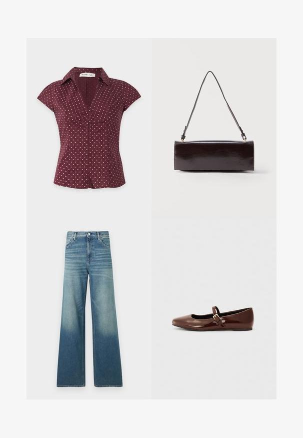 Blouse bordeaux à manches courtes avec des pois roses, un col en V et un détail froncé au centre devant.; Jean en denim bleu taille haute avec une coupe large, poches avant, fermeture par boutons et détails délavés sur les cuisses et le bas des jambes.; Ballerine en cuir verni marron avec un bout carré et une lanière ornée d'une petite boucle dorée. Texture lisse, talon bas et design minimaliste.; Sac à main rectangulaire en cuir noir avec une longue bandoulière unique et une finition brillante, présenté sur un fond blanc uni.