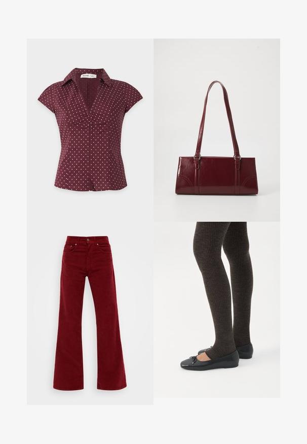 Blouse bordeaux à manches courtes avec des pois roses, un col en V et un détail froncé au centre devant.; Jean en velours côtelé bordeaux évasé avec taille haute, cinq poches et fermeture à bouton sur le devant. Texture douce avec jambes larges.; Jambes portant des leggings côtelés foncés associés à des ballerines noires avec de petits détails en nœud sur fond blanc.; Sac à main bordeaux en matériau brillant, de forme rectangulaire, avec deux anses et des accents légèrement courbés à l'avant.