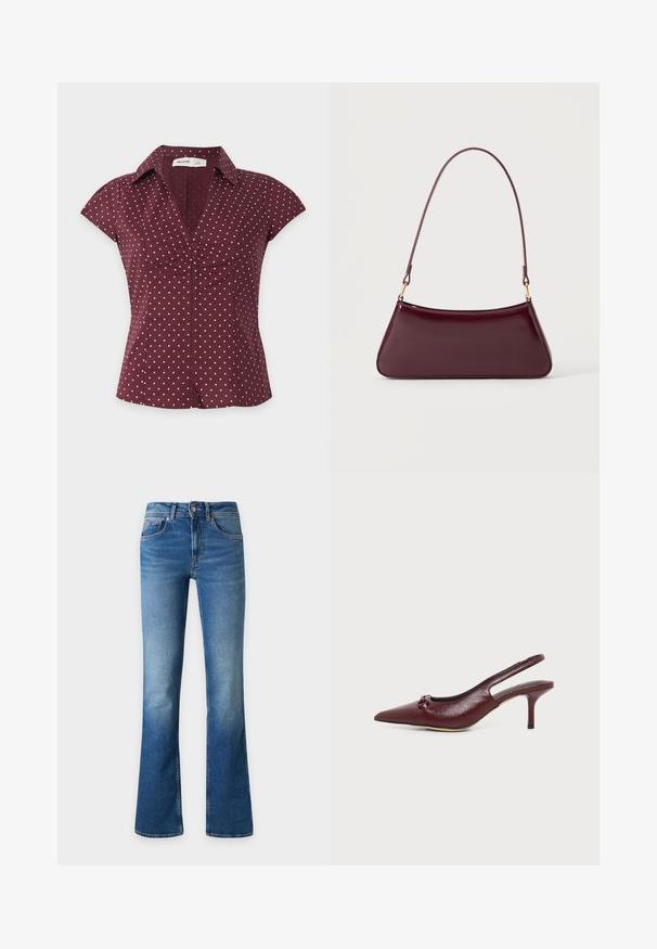 Blouse bordeaux à manches courtes avec des pois roses, un col en V et un détail froncé au centre devant.; Jean en denim bleu avec une légère évasement en bas, fermeture avant par boutons et fermeture éclair, et poches avant sur un fond uni.; Escarpin slingback en cuir bordeaux à talon kitten, bout pointu et petit nœud sur le dessus, présenté sur fond blanc.; Sac à main brillant bordeaux foncé avec une anse fine unique et une forme trapézoïdale élégante sur un fond clair uni.