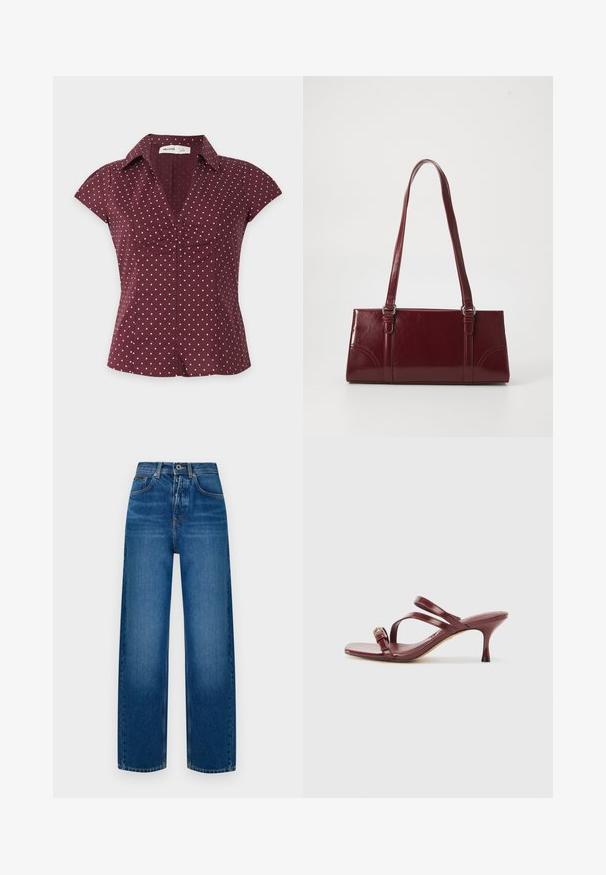 Kortademige bordeauxrode blouse met roze polkadots, een kraag met V-hals en geplooide details in het midden voor.; Wijdvallende denim jeans in vervaagd blauw. Voorzien van een knoopsluiting, klassiek vijf-pocket ontwerp en een zachte, gestructureerde afwerking.; Bordeaux gepatenteerde leren sandalen met hoge hakken, een vierkante teen, twee slanke bandjes en een decoratieve gouden gesp aan de zijkant.; Bourgondische handtas van glanzend materiaal, rechthoekige vorm, met twee schouderbanden en subtiele gebogen accenten aan de voorkant.