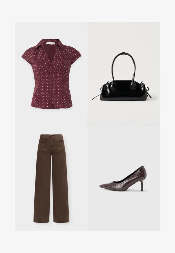 Blouse bordeaux à manches courtes avec des pois roses, un col en V et un détail froncé au centre devant.; Pantalon marron taille haute à jambes larges avec deux poches avant à rabat sécurisées par des boutons sur un fond uni.; Escarpins à bout pointu en similicuir marron avec une texture crocodile, dotés d’un talon fin et angulaire ainsi que d’une doublure intérieure lisse.; Petit sac à main noir brillant avec deux longues anses et des détails à cordon sur les côtés sur un fond clair uni.
