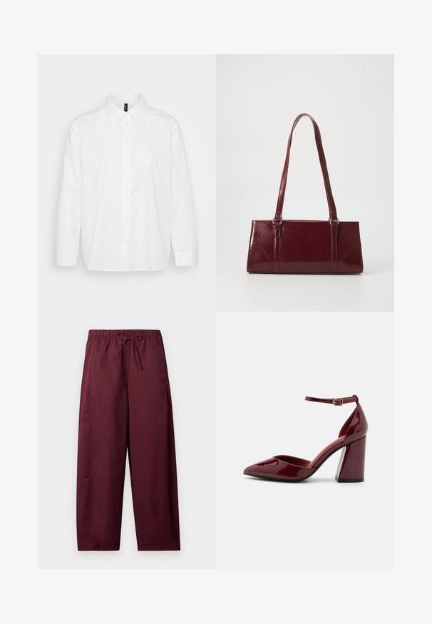 Chemise blanche à boutons avec un motif à pois dans des couleurs bleu, rose et vert. Col classique, manches longues et ourlet droit.; Pantalon ample couleur bordeaux avec taille élastique et cordon de serrage, jambes droites, sans poches visibles ni motifs.; Escarpin en cuir verni bordeaux à talon haut, avec un bout pointu, une bride de cheville et un talon épais. Texture lisse et design élégant.; Sac à main bordeaux en matériau brillant, de forme rectangulaire, avec deux anses et des accents légèrement courbés à l'avant.