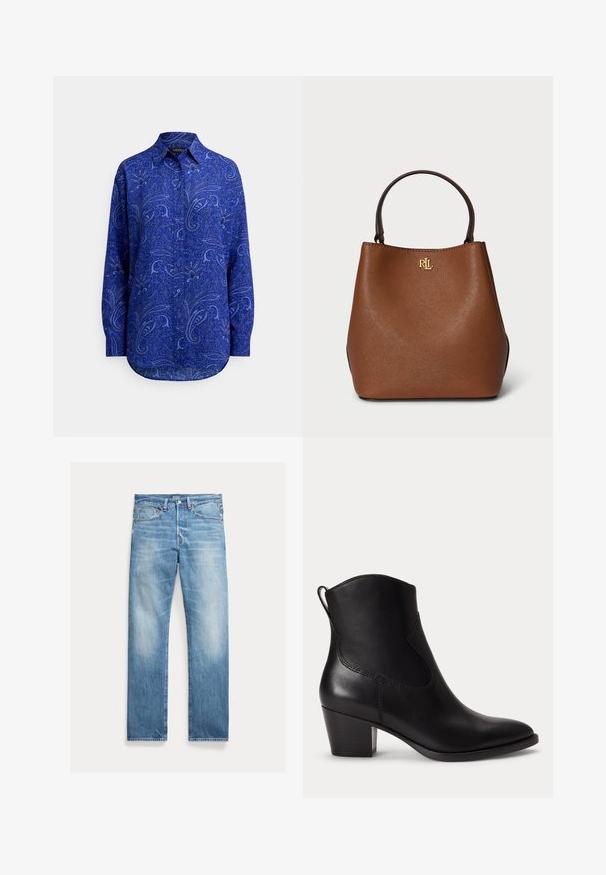 Chemise bleue à manches longues avec un motif cachemire détaillé et un col pointu, présentée sur un fond uni.; Jean denim bleu clair à coupe droite, légèrement délavé, design cinq poches avec étiquette visible de la marque Polo sur la ceinture.; Bottine noire en cuir avec un petit talon bloc, un bout arrondi et une languette à l'arrière sur fond blanc uni.; Sac fourre-tout en cuir marron avec une forme structurée, présentant une finition texturée et un accent de logo doré à l'avant. Deux poignées en haut.