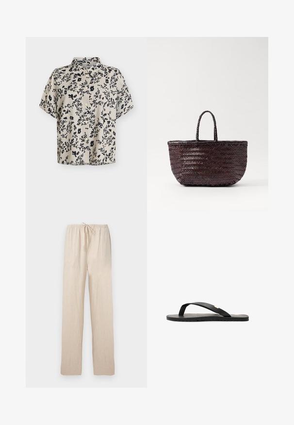 Beige bluse med korte ærmer med sort abstrakt blomsterprint og knapper foran, med klassisk krave.; Lysebeige bukser med løs pasform, elastisk talje og snøre, lige ben, lavet af letvægtsstof.; Sort flip-flop sandal med flad sål, tekstureret sort indersål, glatte stropper og en lille gul accent nær tåposten.; DRAGON DIFFUSION TRIPLE JUMP SMALL - Håndtasker - dark brown