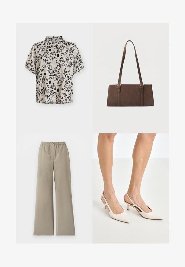Beige bluse med korte ærmer med sort abstrakt blomsterprint og knapper foran, med klassisk krave.; Beige bukser med vide ben, elastisk taljebånd og knaplukning, glat stof, detalje med front-søm, mod en hvid baggrund.; Beige patenterede læder slingback hæle med spids tå og 5 cm hæl, med udskårne sider og en tynd ankelrem.; Brun rektangulær skuldertaske med lange stropper og minimale syningsdetaljer på en ensfarvet baggrund.