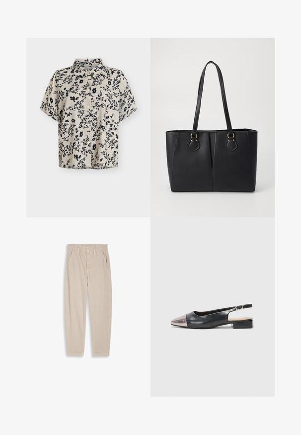 Blouse beige à manches courtes avec imprimé floral abstrait noir et boutons à l'avant, dotée d'un col classique.; Pantalon beige à jambes droites avec taille élastique, passants pour ceinture, fermeture par bouton et poches avant, présenté sur un fond uni.; Des chaussures slingback avec une tige en cuir noir, un bout pointu en métal rose doré et un petit talon carré. Texture lisse avec un design courbé.; Sac fourre-tout noir en simili cuir avec une finition texturée, deux longues poignées et des accents en métal doré sur le côté. Shape rectangulaire.