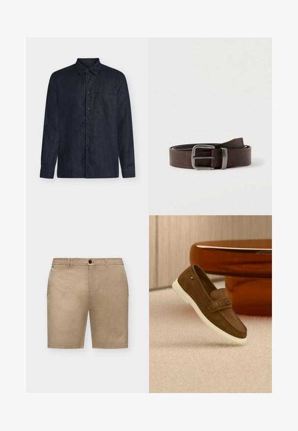 Chemise bleu marine foncé à manches longues avec boutons, col et poche poitrine simple sur fond uni.; Short beige longueur genou avec passants de ceinture, bouton sur le devant et fermeture éclair sur fond clair uni.; Mocassin en daim marron avec semelle blanche et détail métallique, flottant au-dessus d'un tapis clair à côté d'un meuble rond marron brillant.; Ceinture en cuir marron foncé avec une boucle rectangulaire en argent, enroulée et placée sur un fond clair et neutre.