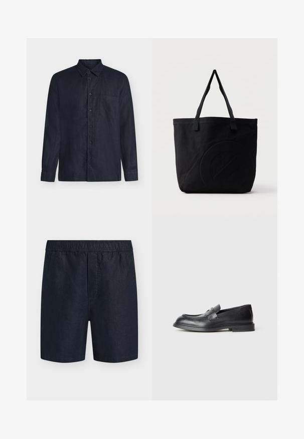 Chemise bleu marine foncé à manches longues avec boutons, col et poche poitrine simple sur fond uni.; Shorts pour homme bleu marine avec taille élastique et sans poches visibles, présentés sur un fond clair uni.; Mocassins en cuir noir avec une finition texturée, dotés d'une bride décorative à l'avant et d'un bout arrondi. Semelle en caoutchouc pour plus de durabilité.; Sac fourre-tout en toile noire avec deux bandoulières et un motif circulaire discret en relief sur le devant.