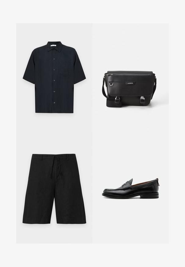 Chemise noire à manches courtes en tissu texturé, avec une patte de boutonnage, une petite poche plaquée et un col classique.; Shorts en lin noir avec une coupe décontractée, taille à cordon de serrage et sans motifs visibles. Le tissu semble léger avec une finition légèrement texturée.; Mocassin homme en cuir noir avec couture moc toe, bride penny, col texturé et petit talon empilé sur fond blanc.; Sac messager Lacoste noir texturé avec bandoulière ajustable, rabat avant, poche zippée et fermetures à boucle en métal.