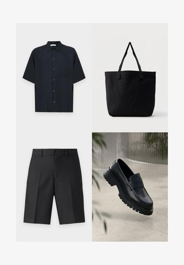 Camisa negra de manga corta hecha de tela texturizada, con cierre de botones en el frente, un pequeño bolsillo parche y un diseño clásico de cuello.; Bermudas negras a medida de tela ligera, con corte recto, pliegues simples y cierre frontal de botón.; Mocasines de cuero negro con suela gruesa, que presentan una correa decorativa y detalles de costura. Textura suave con un acabado pulido.; Bolsa tote de lona negra con dos correas para el hombro y un diseño circular en relieve sutil en el frente.