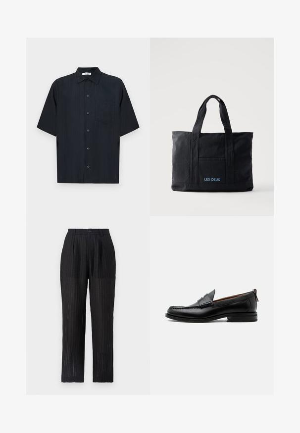 Camisa negra de manga corta hecha de tela texturizada, con cierre de botones en el frente, un pequeño bolsillo parche y un diseño clásico de cuello.; Pantalones negros de pliegues con una tela texturada y con patrón. Presentan una cintura elástica y cierre de botón, diseño de pierna recta.; Mocasín de hombre de piel negra con costura moc toe, tira penny, cuello texturizado y tacón bajo apilado sobre fondo blanco.; Bolsa tote de lona negra con dos asas, bolsillo frontal y "LES DEUX" bordado en azul en el bolsillo delantero.
