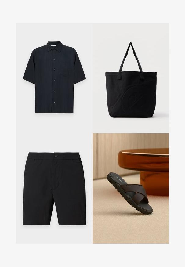 Chemise noire à manches courtes en tissu texturé, avec une patte de boutonnage, une petite poche plaquée et un col classique.; Shorts mi-longs pour hommes noirs avec taille élastique, fermeture par bouton et poches latérales, présentés sur un fond uni.; Sandale à glissière noire avec des brides croisées texturées sur un tapis beige près d'une base de table ronde de couleur ambre.; Sac fourre-tout en toile noire avec deux bandoulières et un motif circulaire discret en relief sur le devant.