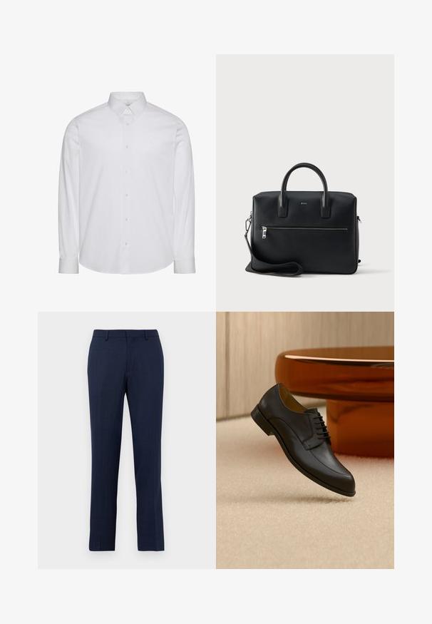 Chemise blanche à manches longues en coton. Comprend un col classique, une patte de boutonnage à l'avant avec boutons, et un ourlet arrondi. Logo discret de la marque.; Pantalon tailleur bleu marine avec passants de ceinture, fermeture éclair devant et coupe droite sur fond blanc uni.; Chaussure habillée en cuir noir à lacets flottant au-dessus d'un tapis beige, avec une table ronde orange en arrière-plan.; Sac à main en cuir noir avec deux poignées, une bandoulière détachable et une poche zippée à l'avant. Présente une surface texturée et un détail de logo subtil.